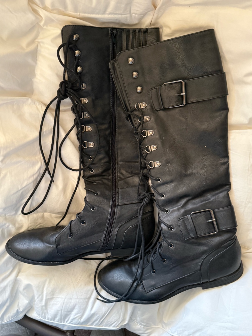 Black Lace-Up Buckle Knee-High Boots